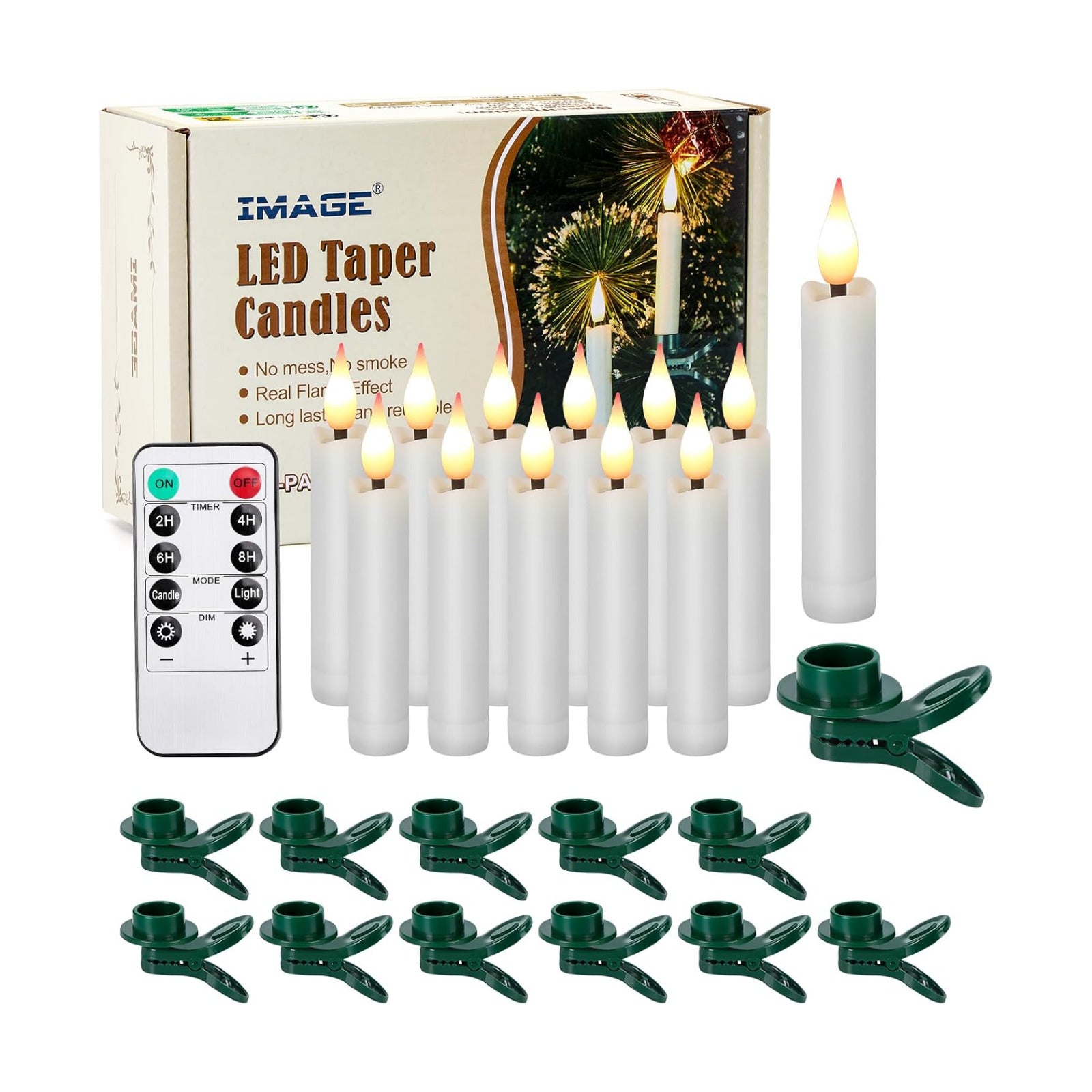 IMAGE 12Pcs LED Taper Candles Light Set Flameless 3D Wick Ivory Candles with Clip-on Christmas Tree Design, 10-Key