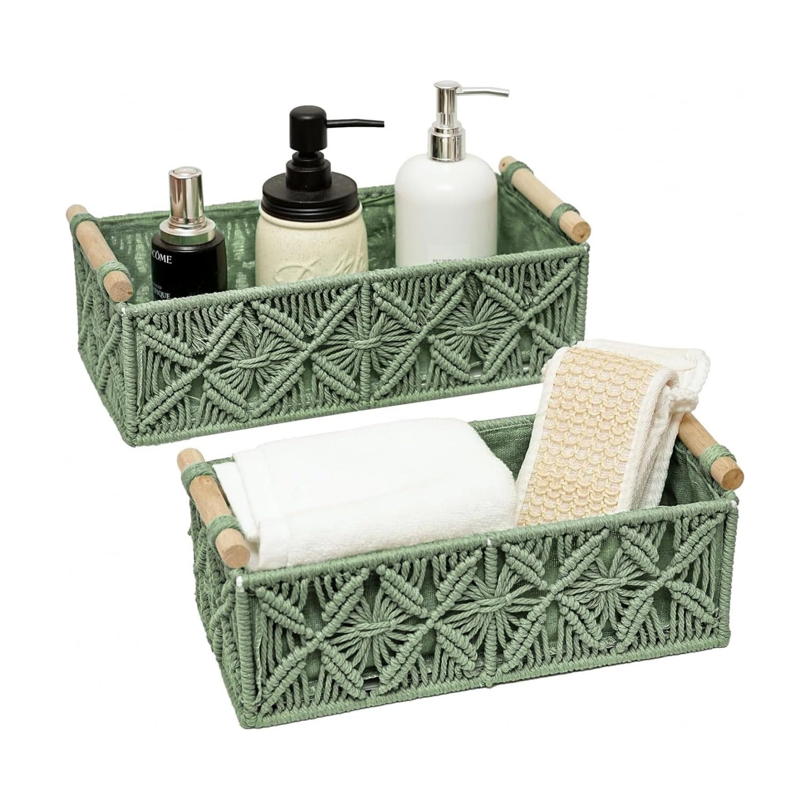 Macrame Boho Decor Baskets for Organizing Woven Decorative Basket for Countertop Toilet / Green