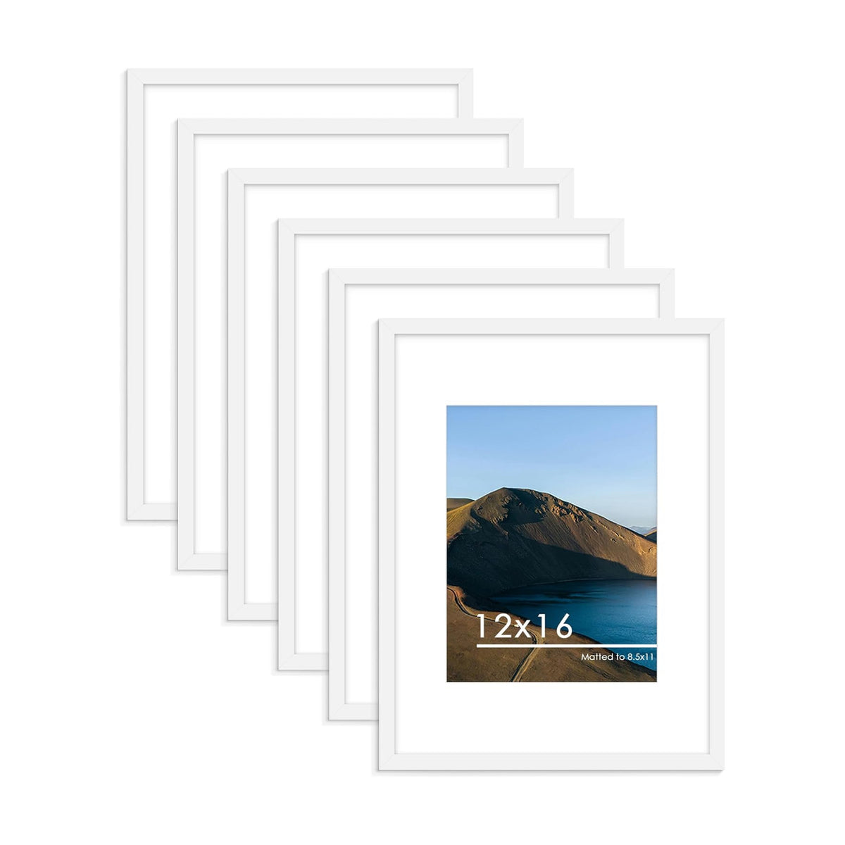12x16 Picture Frame Set of 6, Wall Mount Display, White | Display Pictures 8.5x11 with Mat or 12x16 Without Mat