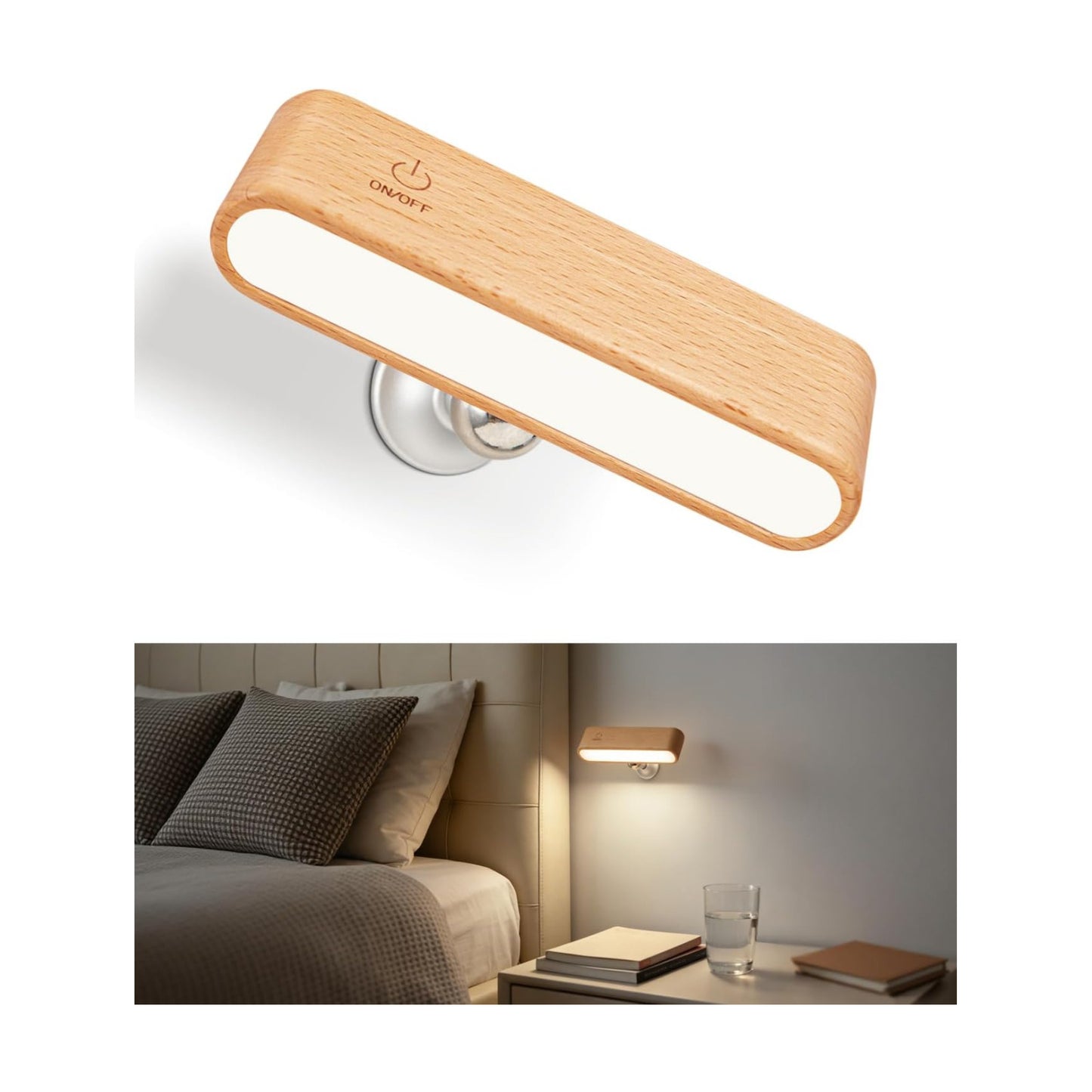 Wood Wall Sconce, Rechargeable Reading Light, Magnetic Bedside Lamp | Touch Control Reading Light for Headboard, 360°