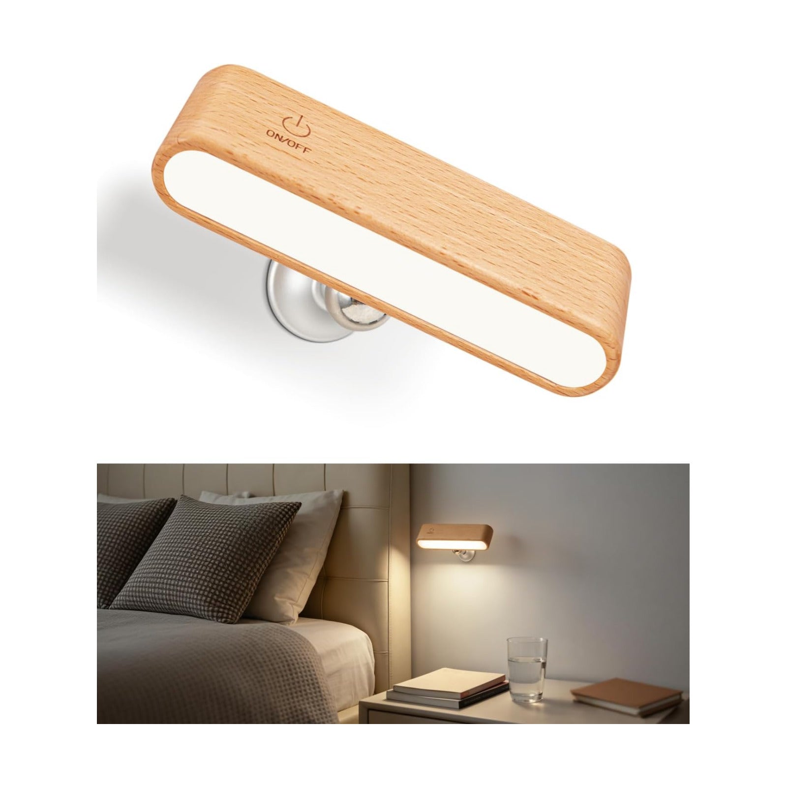 Wood Wall Sconce, Rechargeable Reading Light, Magnetic Bedside Lamp | Touch Control Reading Light for Headboard, 360°