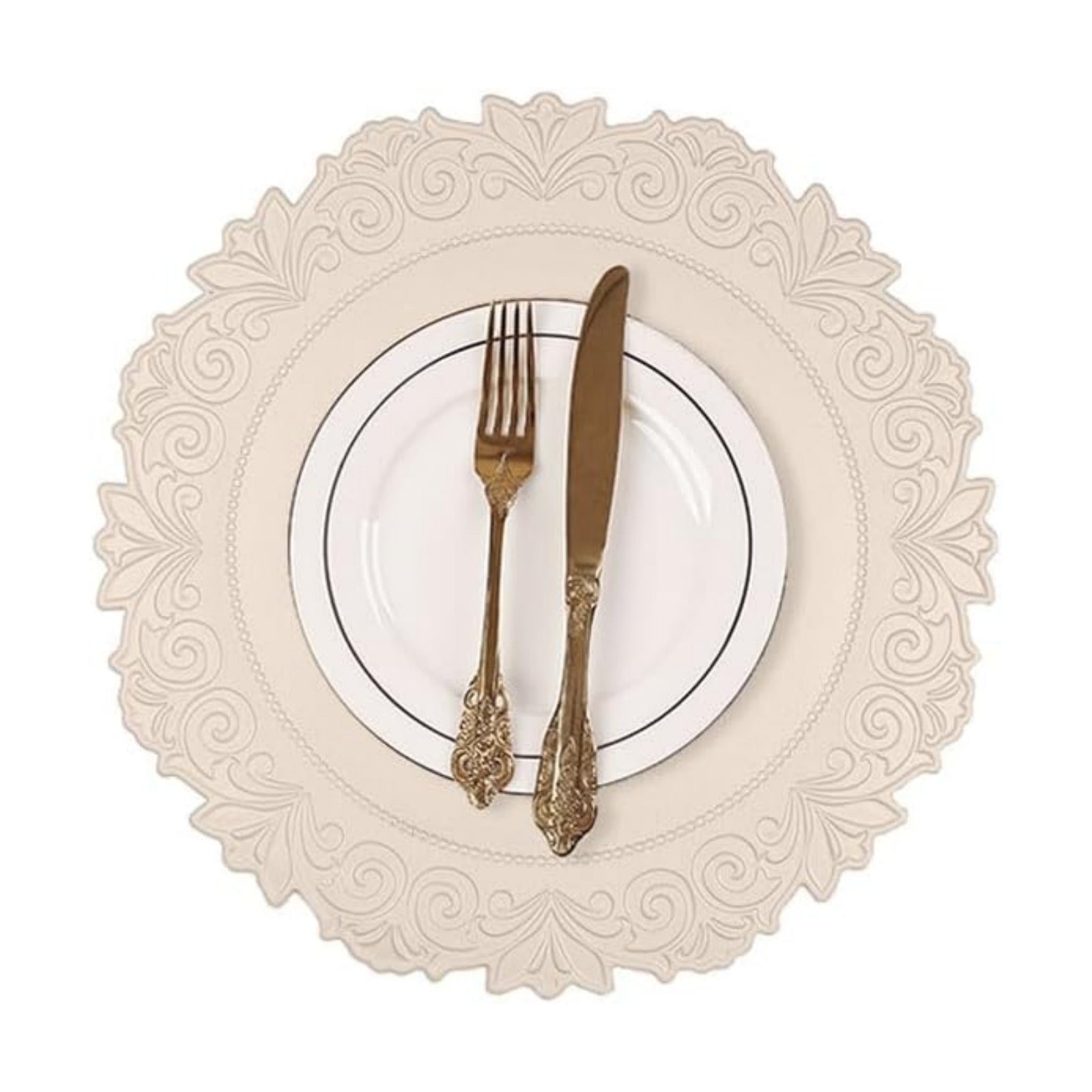 Round Faux Leather Placemats Set of 6, Dining Table Mats, Beige | Engraved Texture, 15 Inch Diameter, Waterproof and