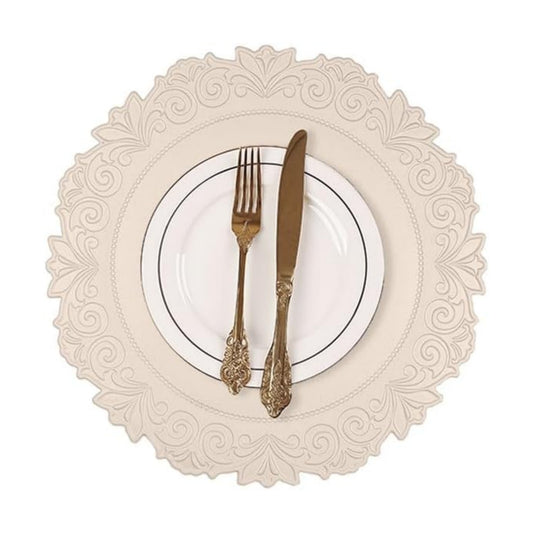Round Faux Leather Placemats Set of 6, Dining Table Mats, Beige | Engraved Texture, 15 Inch Diameter, Waterproof and