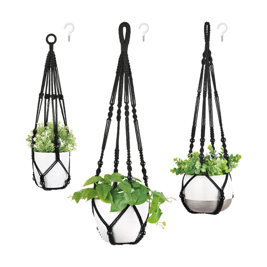 Macrame Plant Hangers Indoor Different Size Hanging Planter Basket / Medium / Black / Set of 3