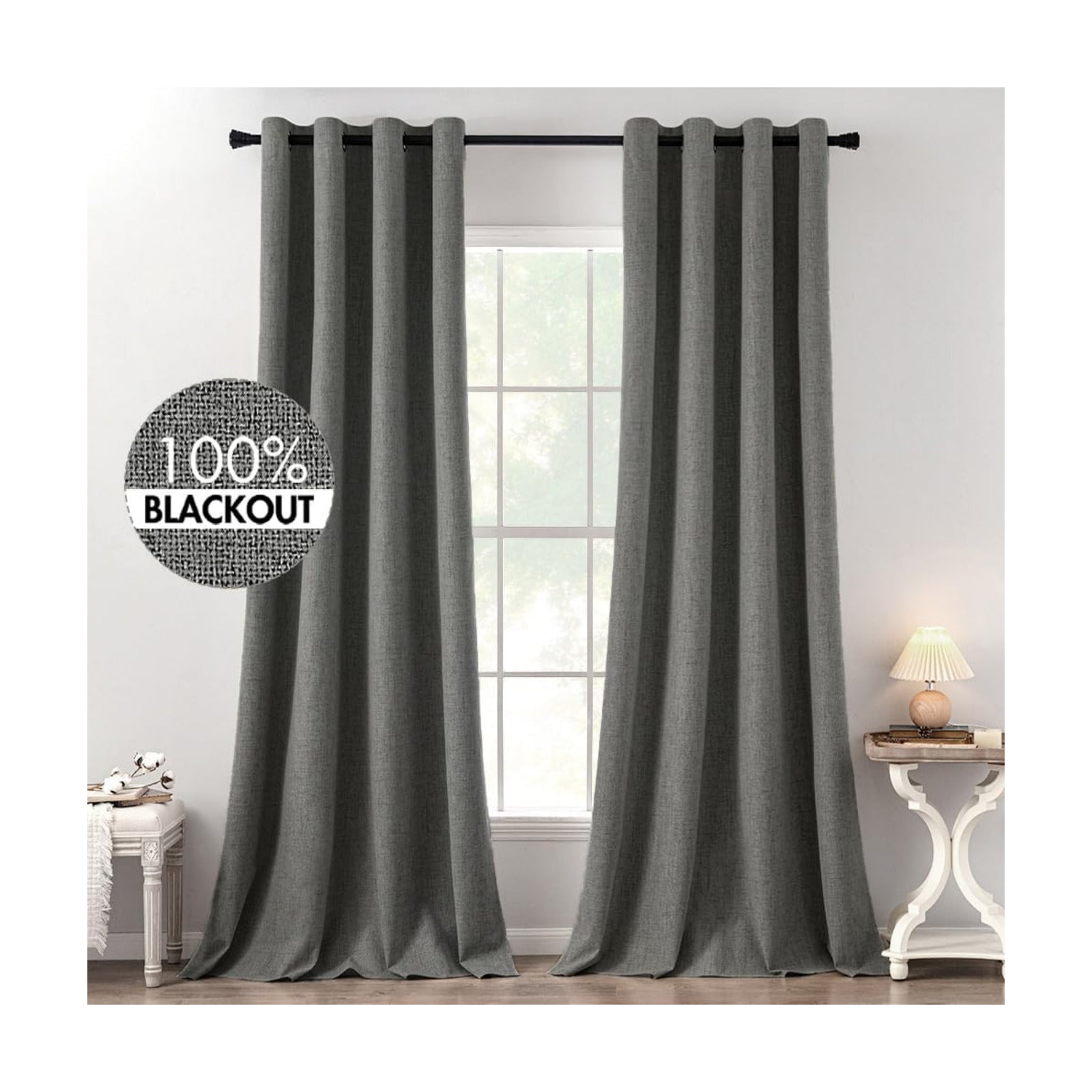 MIULEE 100% Blackout Linen Curtains for Bedroom 52x120 Inches Dark Grey