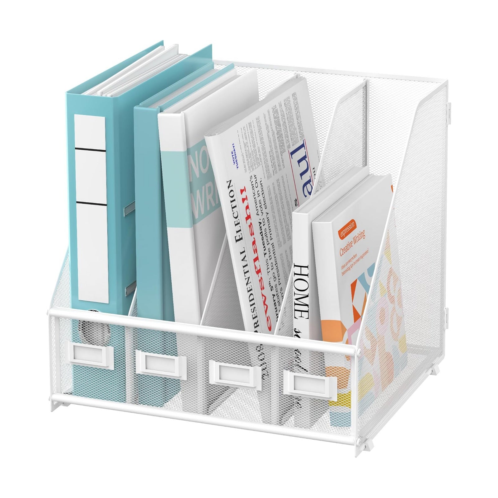 4-Compartment Magazine File Holder and File Organizer for Desk, White | Metal Magazine Holder and Magazine File Holder