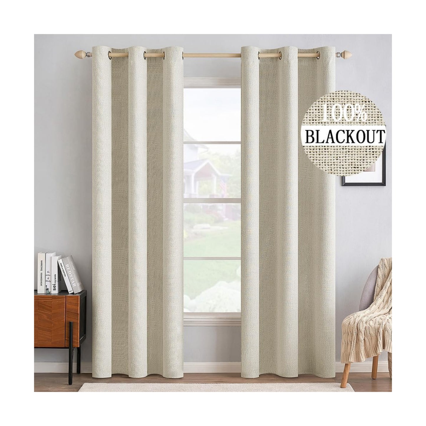 MIULEE 100% Blackout Linen Curtains for Bedroom 42x90 Inches Butter Cream