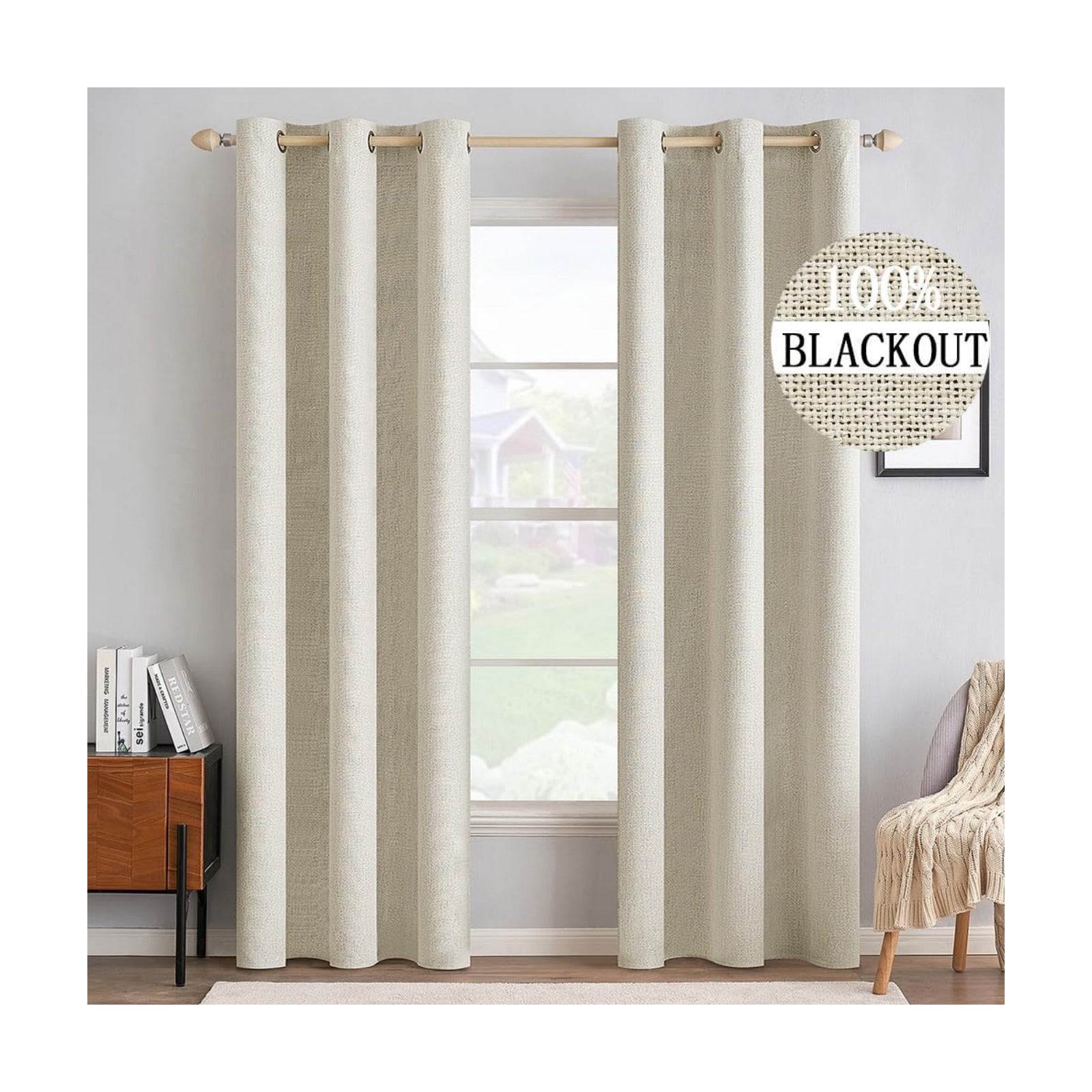 MIULEE 100% Blackout Linen Curtains for Bedroom 42x90 Inches Butter Cream