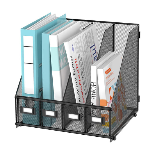 4-Compartment Magazine File Holder and File Organizer for Desk, Black | Metal Magazine Holder and Magazine File Holder