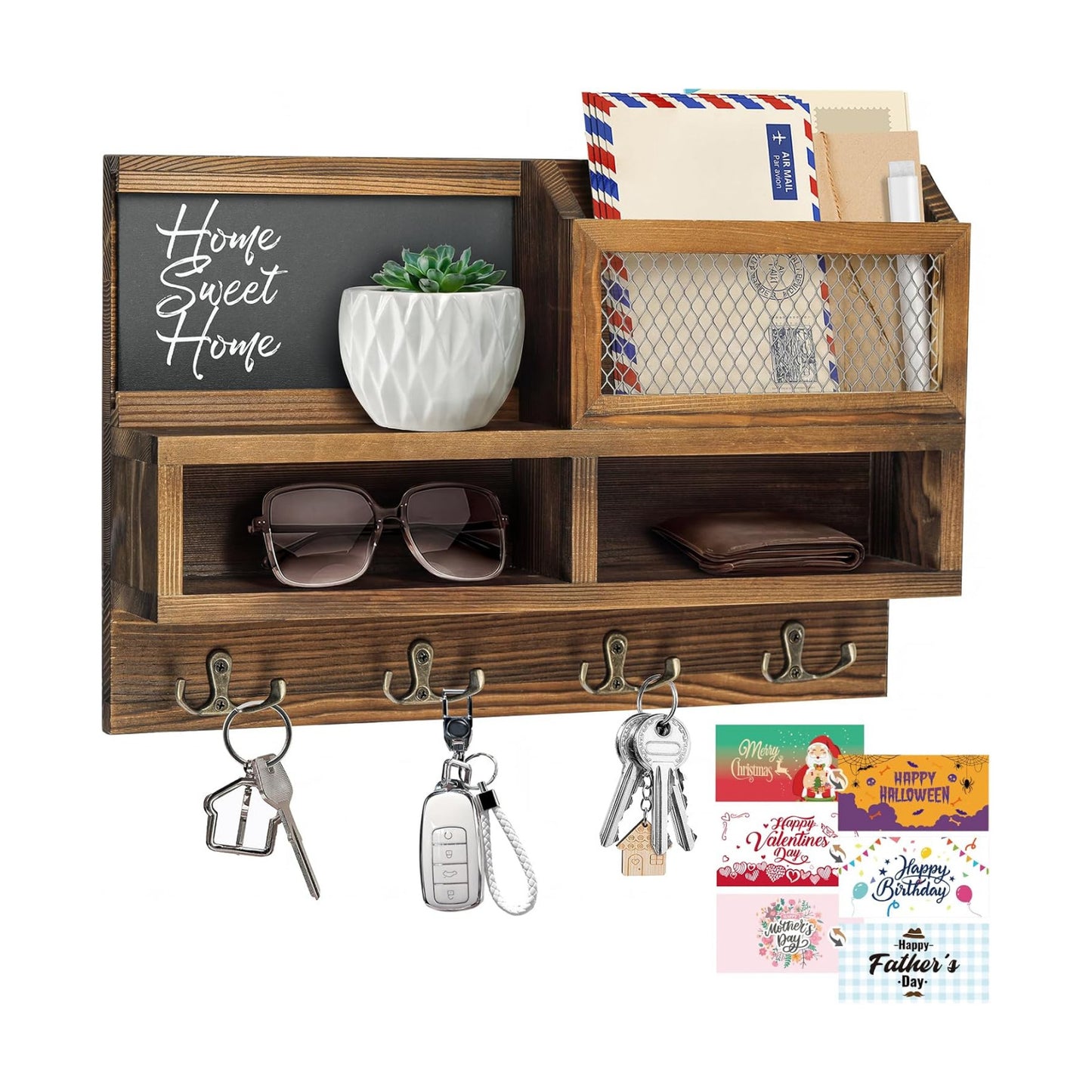 Wooden Mail and Key Organizer / Brown