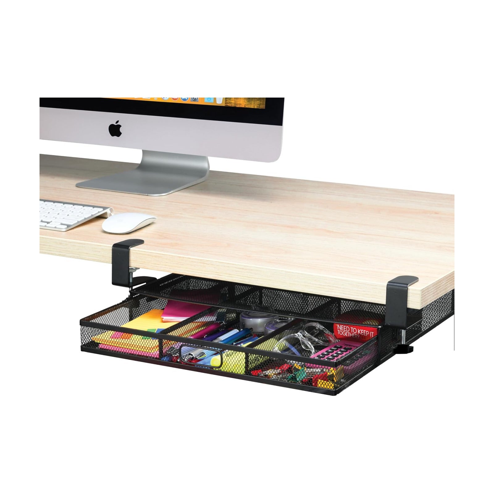 Under Desk Drawer Organizer Clamp-On, Mesh Metal Attachment, 1 Drawer Slide Out, On or Under Desk Organizer for Office