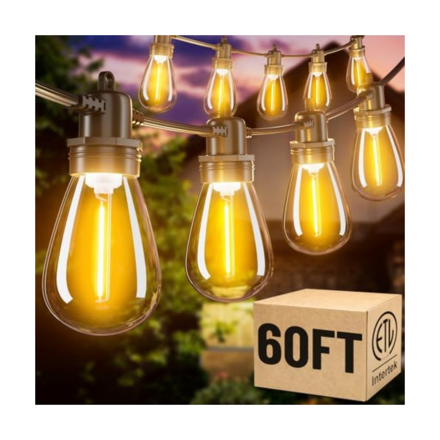 60FT LED Outdoor String Lights with 16+1 Edison Shatterproof Waterproof Bulbs, 2700K Commercial Grade Patio Lights