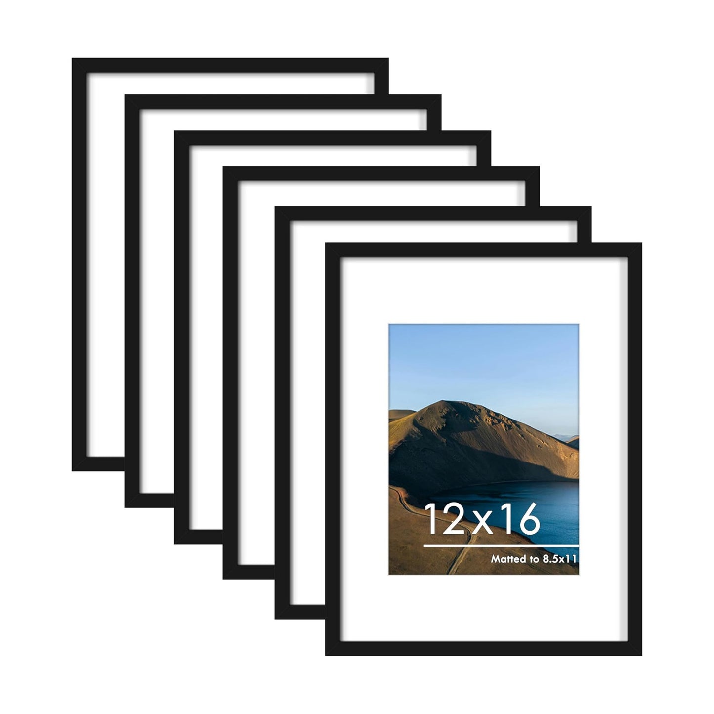 12x16 Picture Frame Set of 6, Wall Mounting Display, Black | Display 8.5x11 with Mat or 12x16 Without Mat, Horizontal