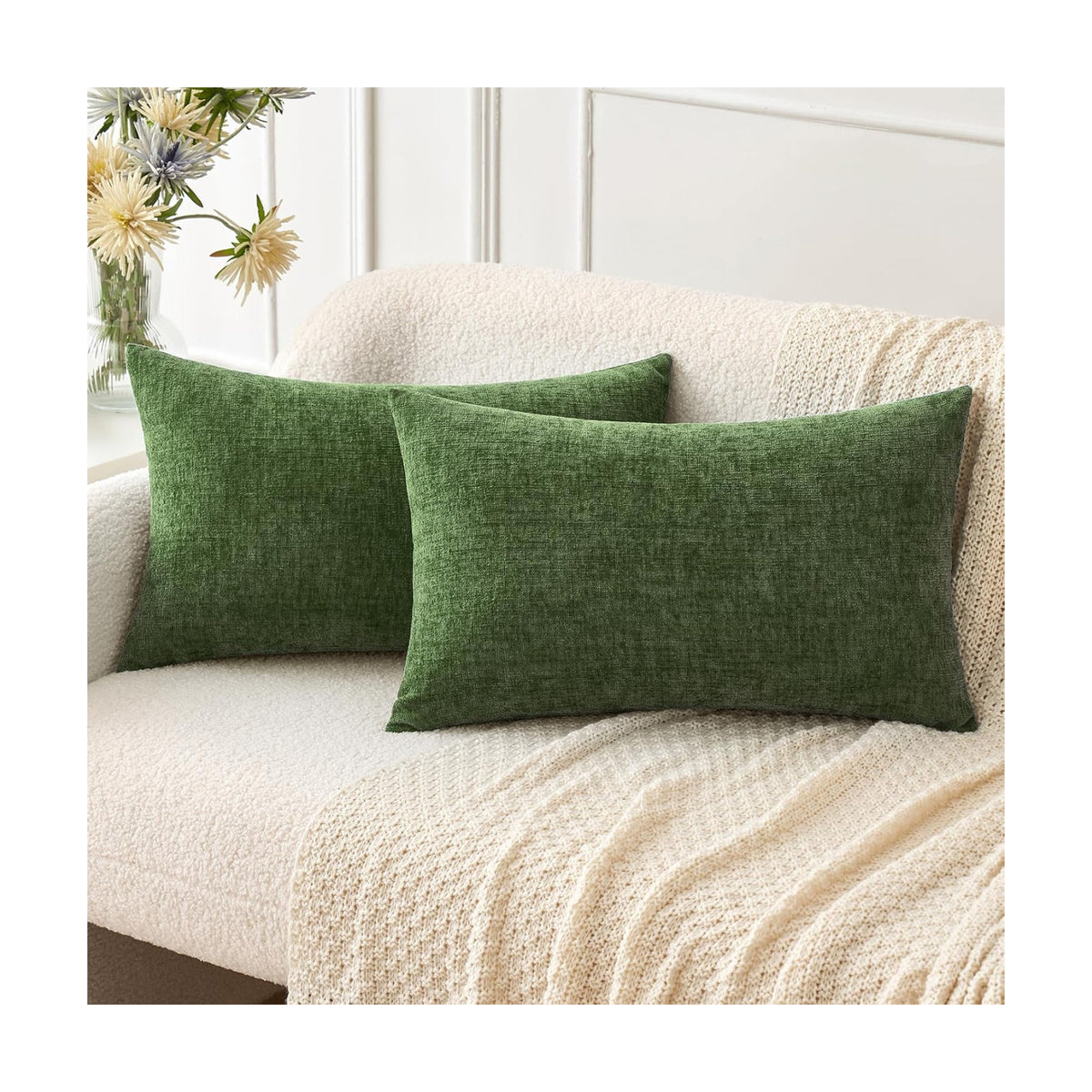 MIULEE Soft Chenille Lumbar Throw Pillow Covers Moss Green 12x20 Pack of 2