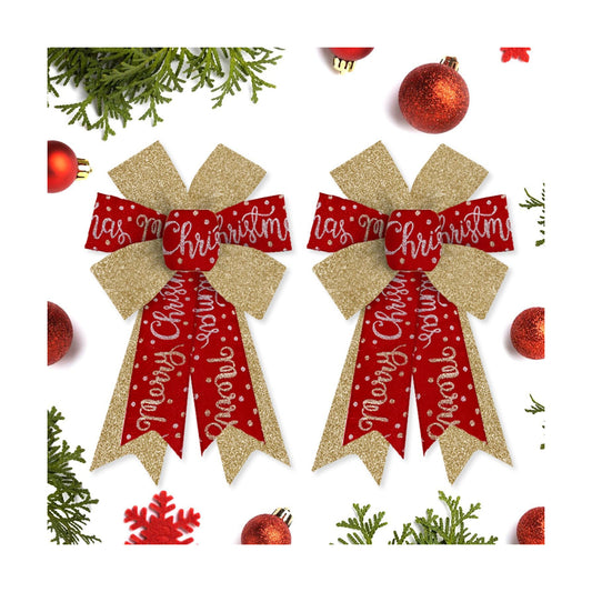 Hying 2 Pieces Christmas Bows for Wreath, Christmas Wreath Bow Glitter Golden Red Bows Winter Xmas Craft Bows Ornaments for Front Door New Year Christmas Party Decoration Supplies
