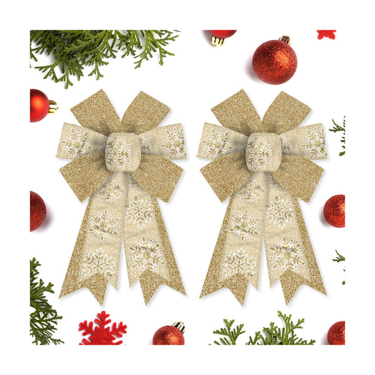 Hying 2 Pieces Christmas Bows for Wreath, Christmas Wreath Bow Glitter Golden Xmas Bows Winter Snowflake Craft Bows Ornaments for Front Door New Year Christmas Party Decoration Supplies