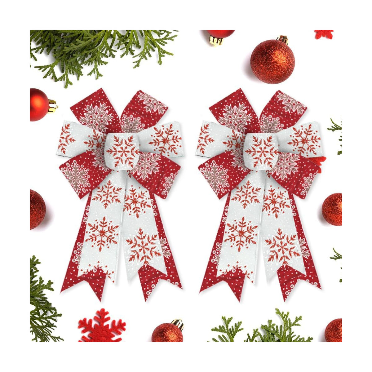 Hying 2 Pieces Christmas Bows for Wreath, Christmas Wreath Bow Glitter Red White Burlap Bows Xmas Snowflake Craft Bows Ornaments for Front Door New Year Christmas Party Decoration Supplies
