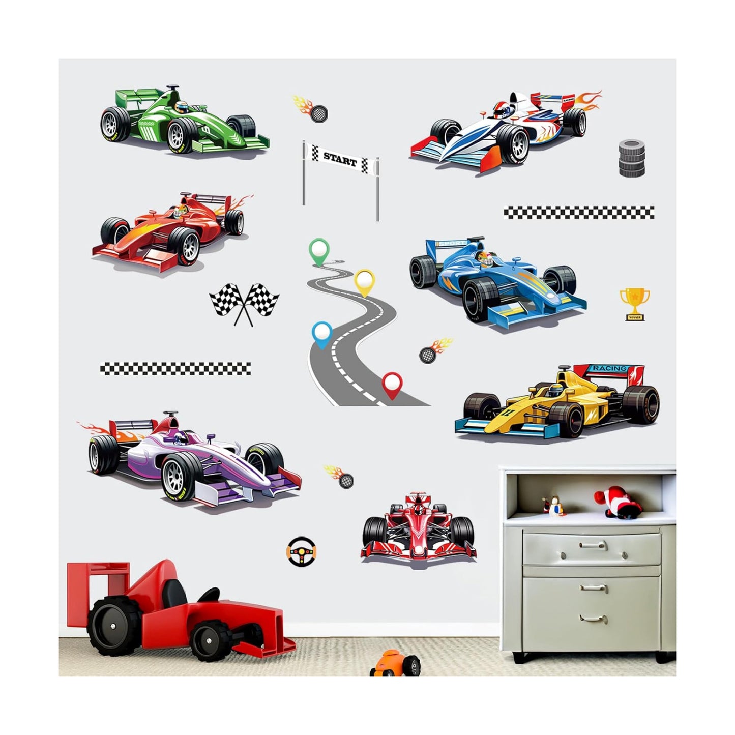 Racing Car Wall Stickers Vehicles Roads Peel and Stick Wall Art Decals for Kids Bedroom Boys / A
