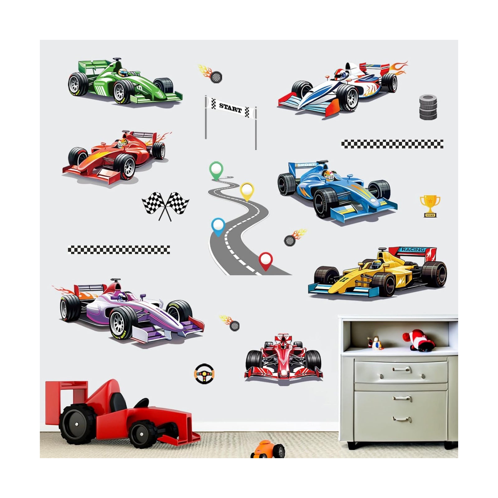 Racing Car Wall Stickers Vehicles Roads Peel and Stick Wall Art Decals for Kids Bedroom Boys / A