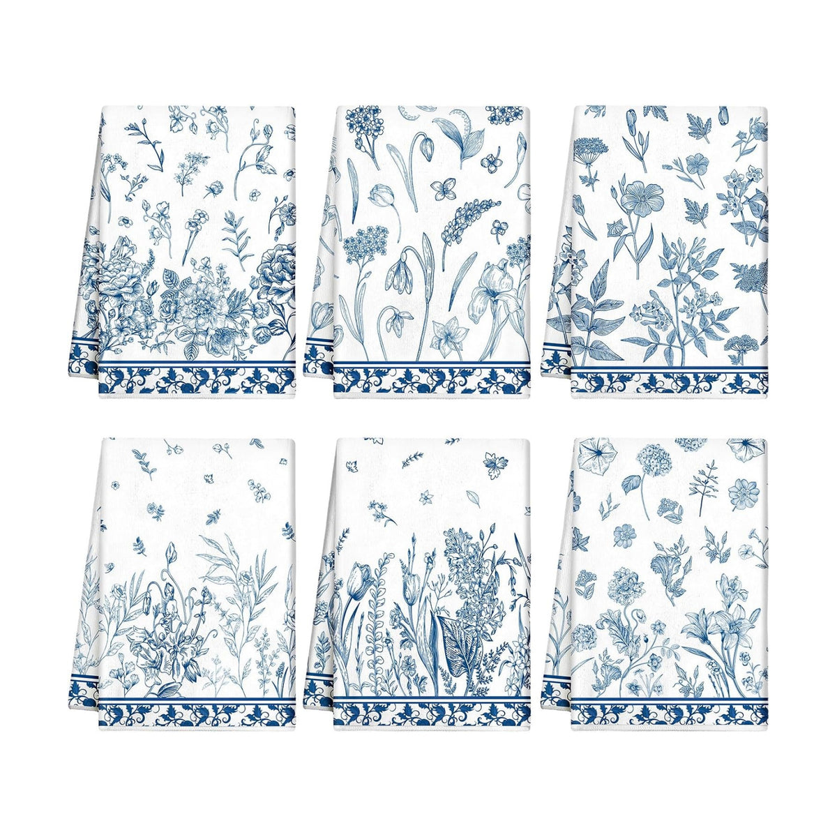 Redbaker 6 Pcs Floral Kitchen Towels Wildflower Butterfly Porcelain Style