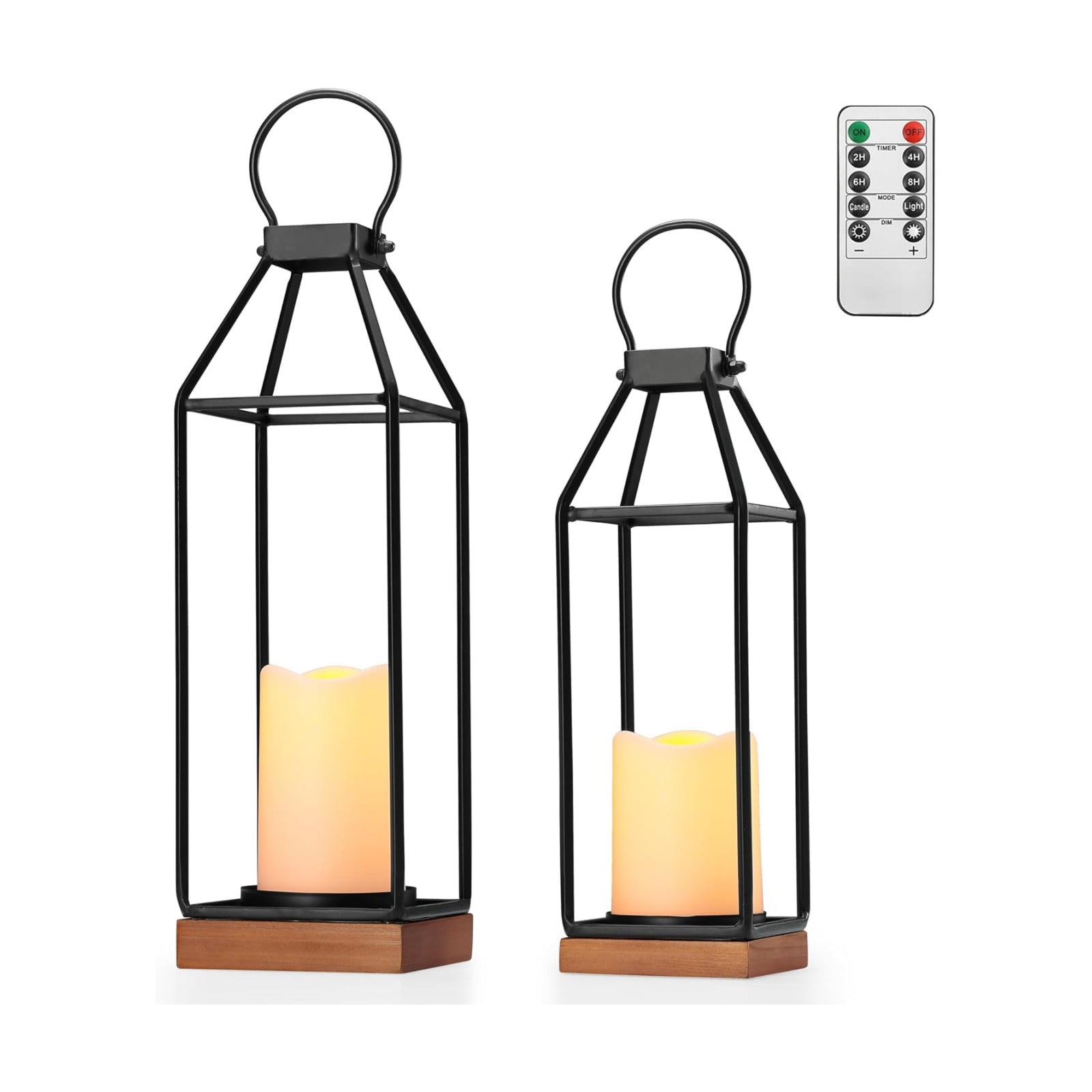 Perfnique Metal Lanterns w/ Pine Wood, Set of 2 Farmhouse Lantern Decorative w/ Waterproof Flameless Candle & Remote
