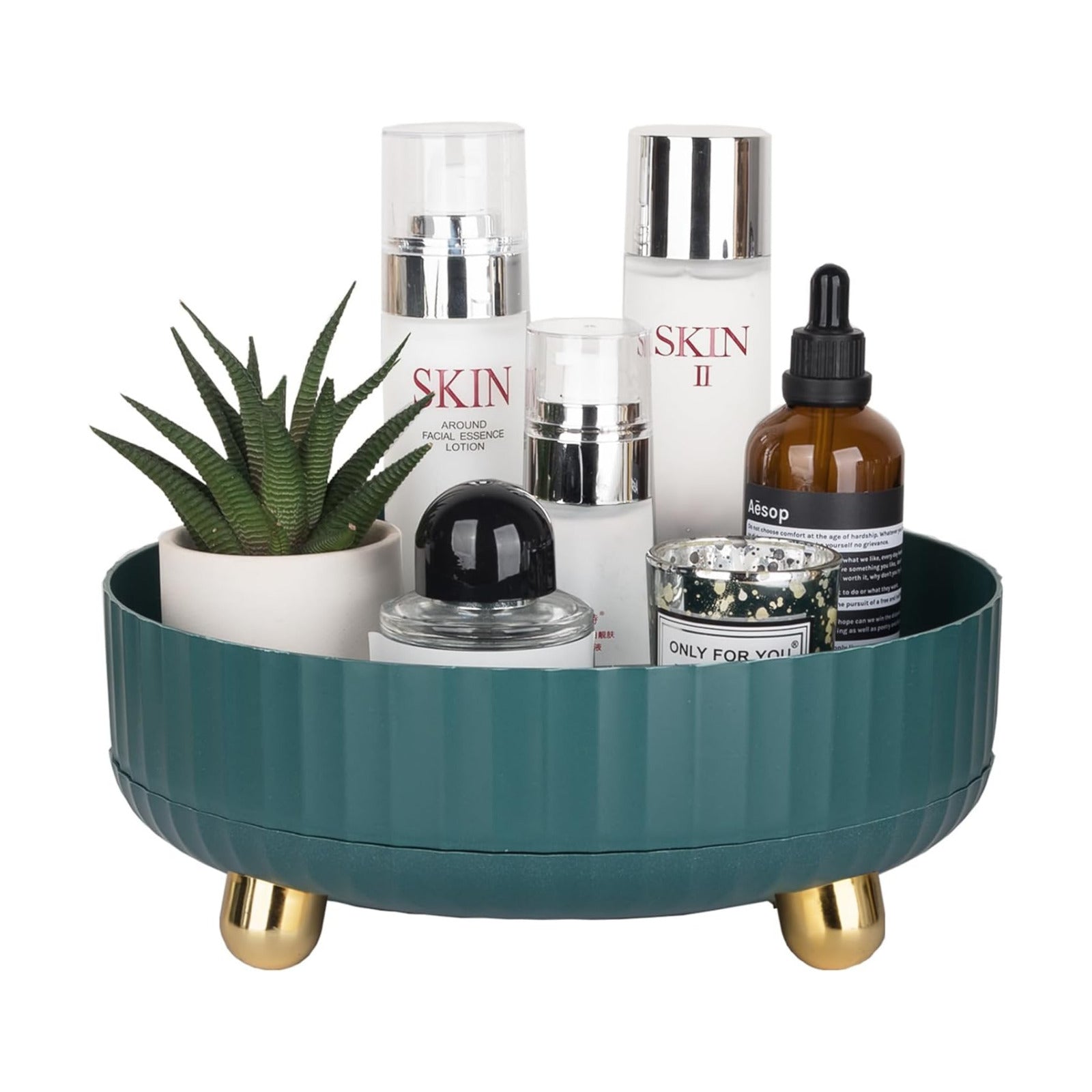 Makeup Perfume Organizer Tray 360 Degree Rotating Lazy Susan Skincare Lotion / Blue Green / Set of 9