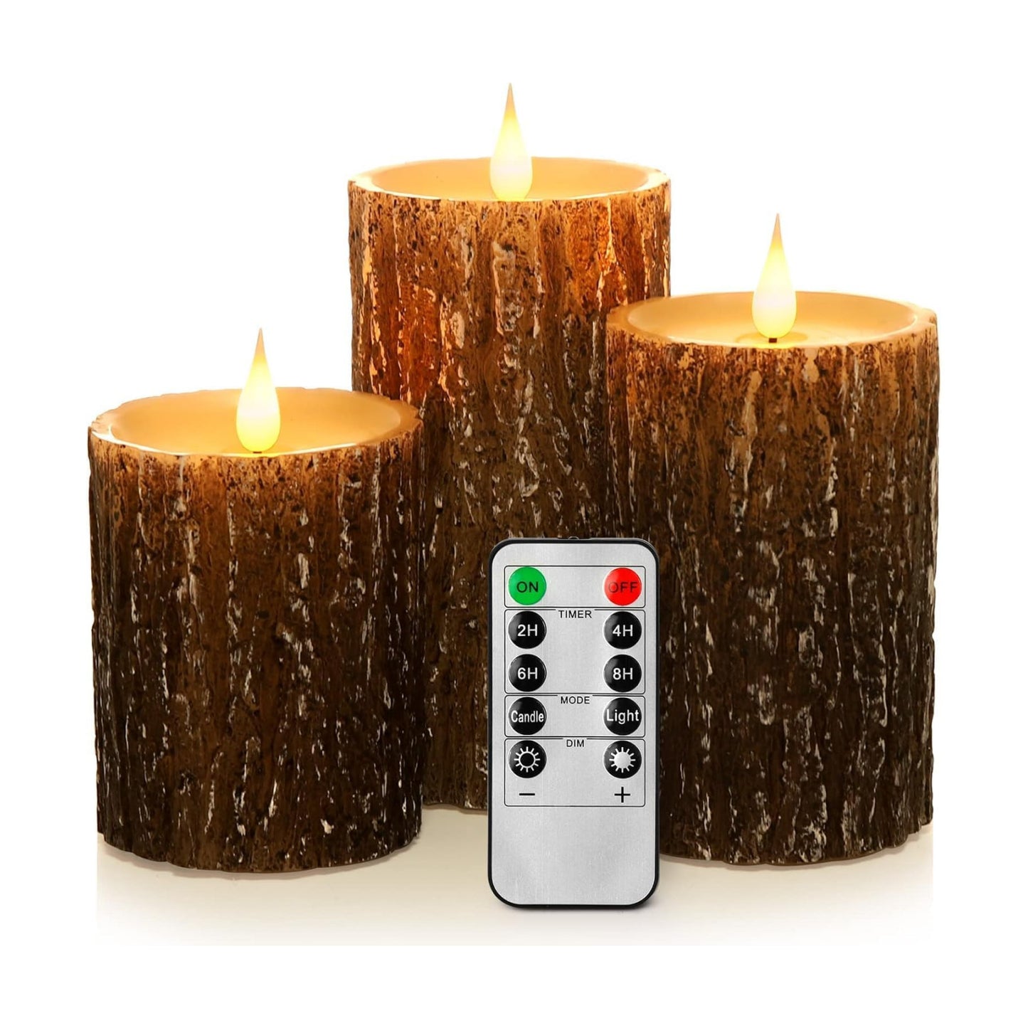 AKU TONPA Pine Bark Effect Flameless Candles Battery Operated Pillar Real Wax Flickering Electric LED Candle Sets with