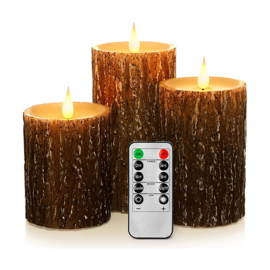 AKU TONPA Pine Bark Effect Flameless Candles Battery Operated Pillar Real Wax Flickering Electric LED Candle Sets with