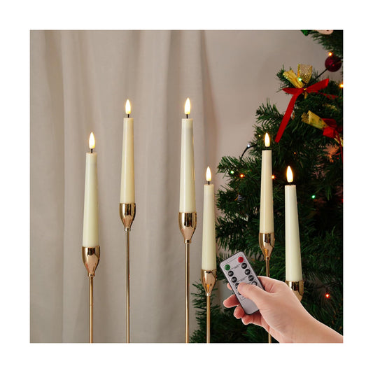 Short Ivory Flameless Taper Candles with Remote Set of 6 | Flickering LED Candlesticks, Real Wax Coating, 2 AAA Battery