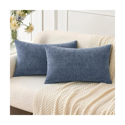 MIULEE Chenille Lumbar Throw Pillow Covers Dark Grey Blue 12x20 Pack of 2