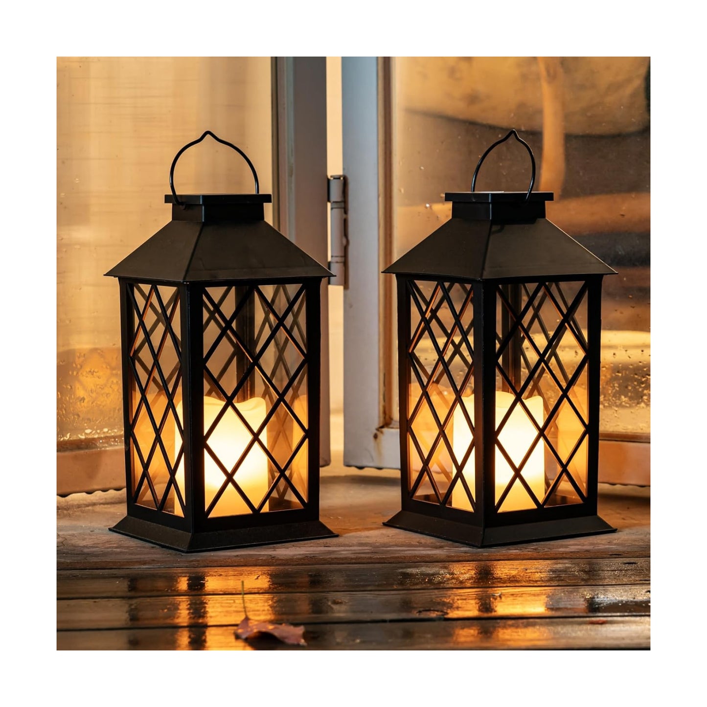Homemory 2 Pack 13'' Black Solar Lanterns, Flickering Flame Hanging Lights | Realistic Flickering Flame Creates Cozy