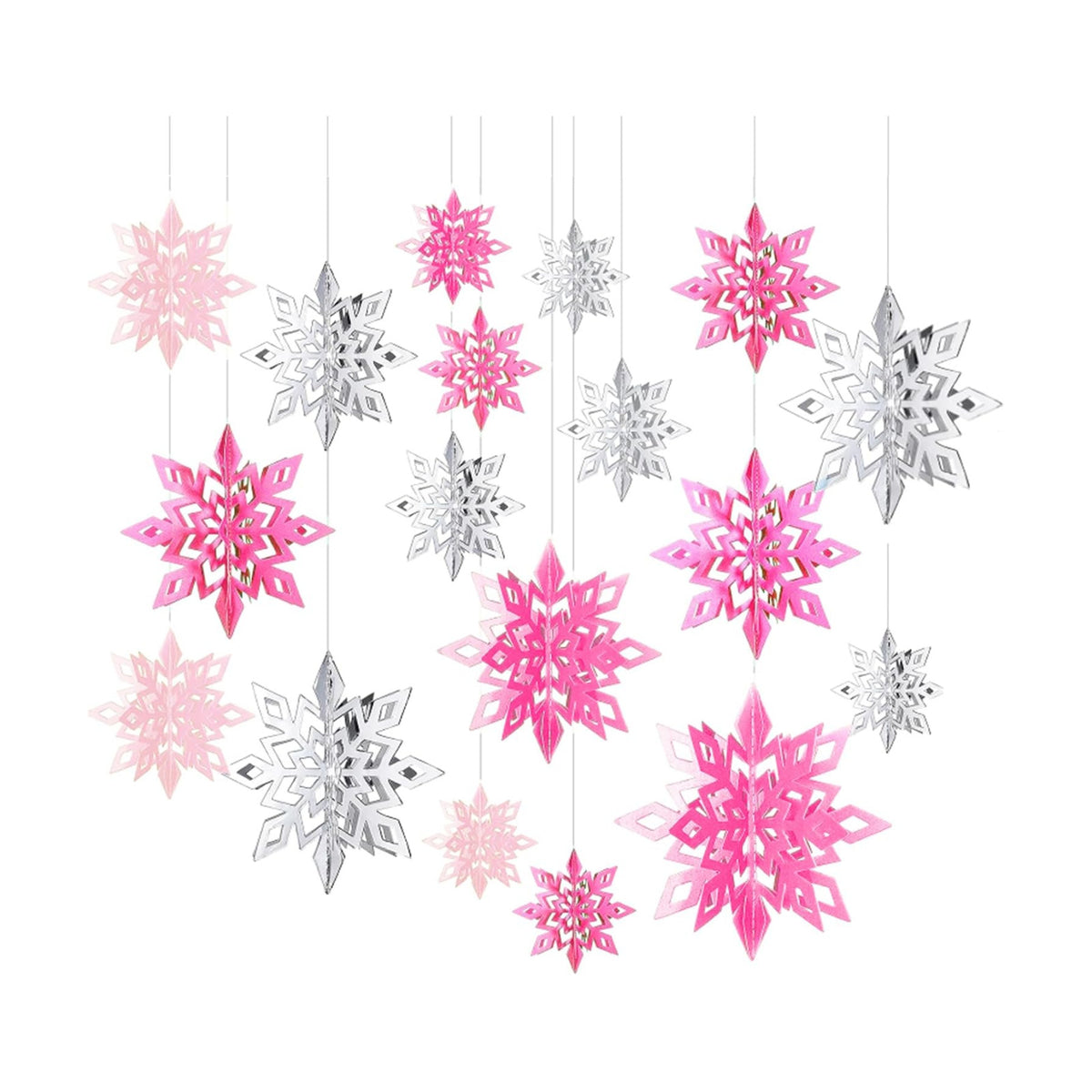 Whaline 18 Pcs Christmas Hanging Decorations 3D Pink Silver Snowflake Hanging Ornaments with String Glittery Large Snowflake Pendant Garlands for Xmas Winter Wonderland Party Home Ceiling Decor
