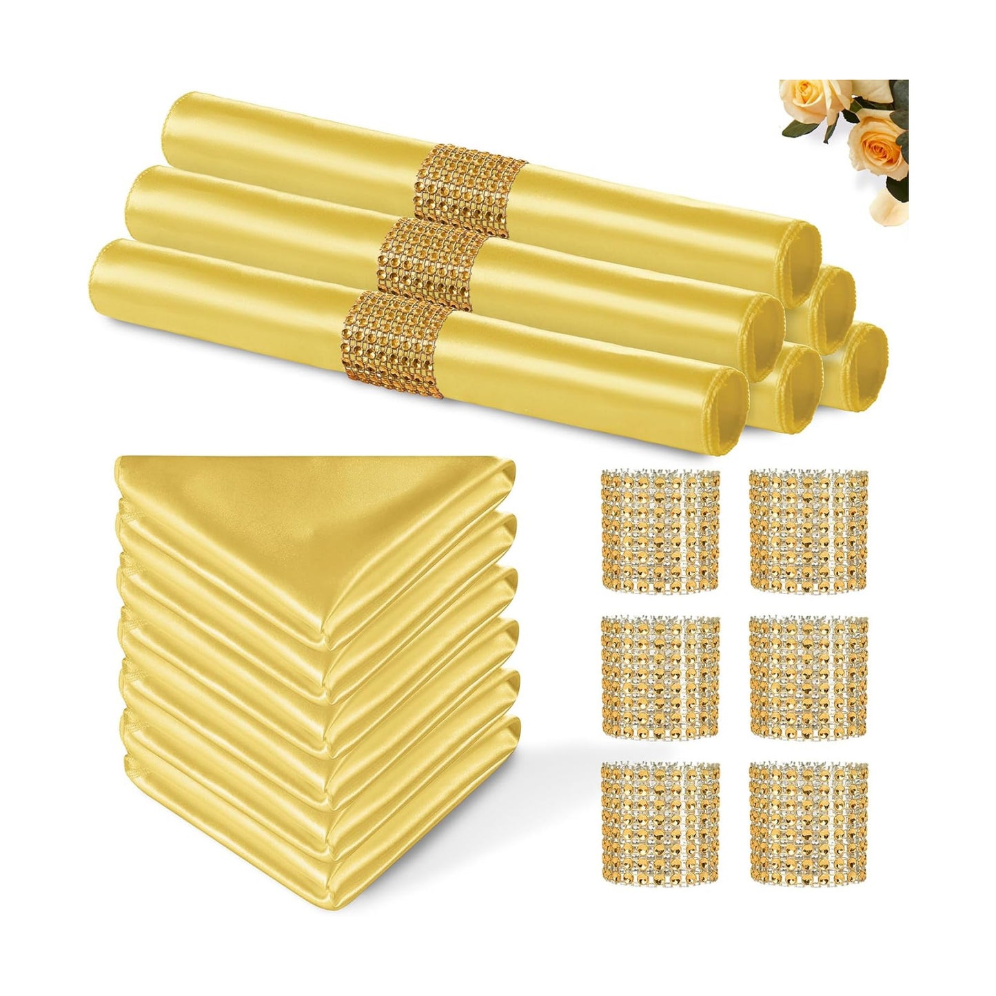 Gold Satin Napkins & Napkin Rings Set, 100 Pack, 12x12 Inch | Set of 50 Napkins, Silky Soft Cloth, Square Satin Dinner