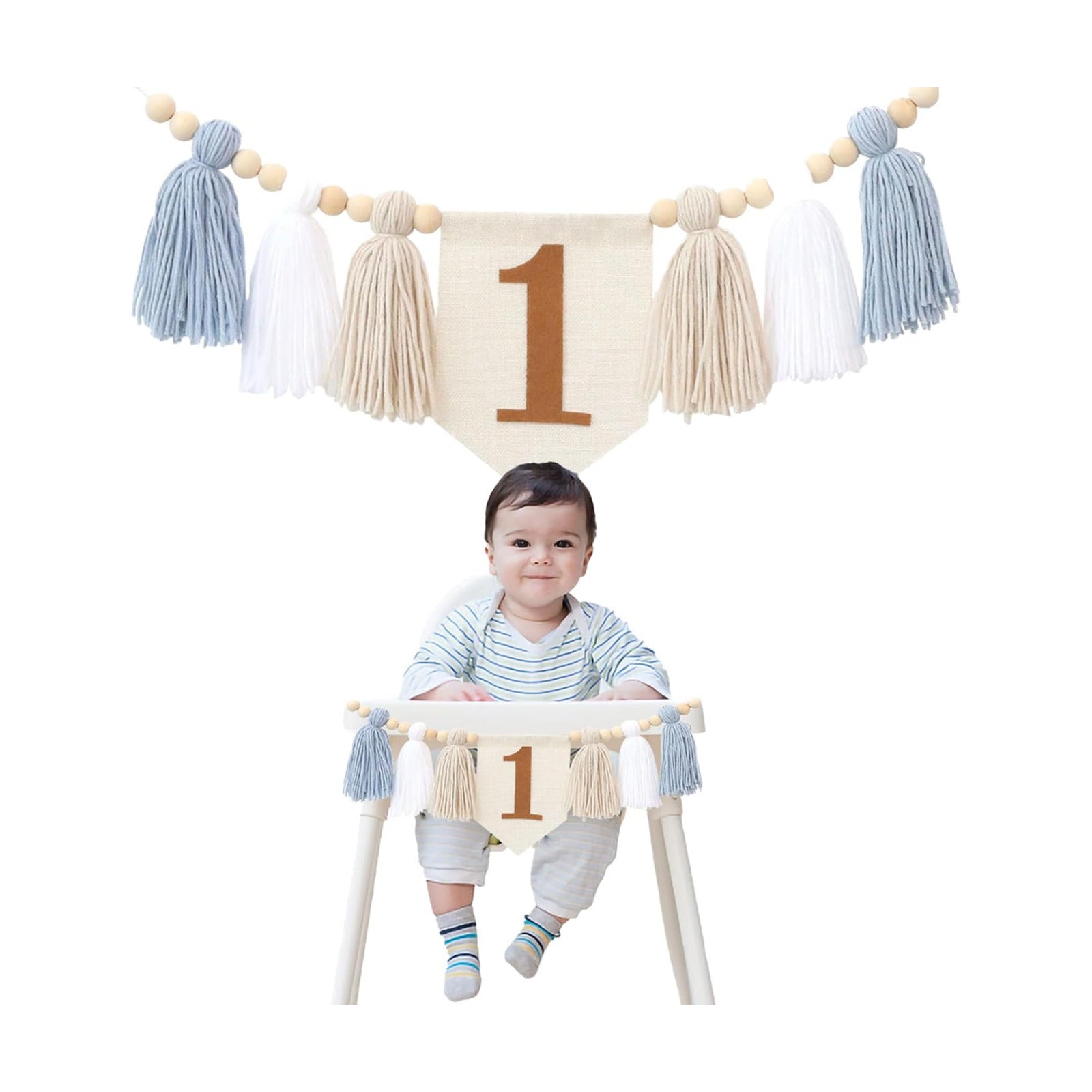 Handmade Boho Blue 1st Birthday High Chair Banner for Baby Boys Wall Hangings Wood / Brown and Blue