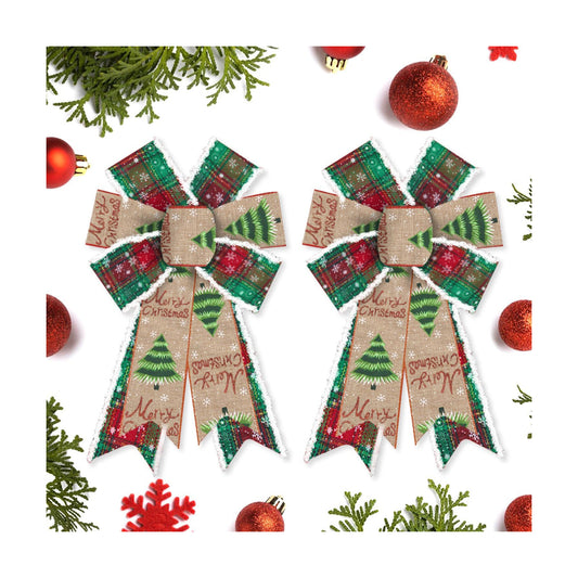 Hying 2 Pieces Christmas Bows for Wreath, Christmas Wreath Bow Red Green Natural Burlap Bows Winter Xmas Tree Craft Bows Ornaments for Front Door New Year Christmas Party Decoration Supplies