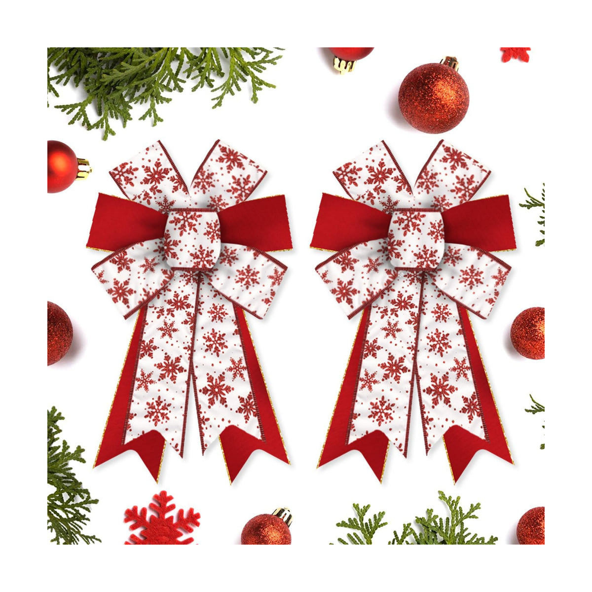 Hying 2 Pieces Christmas Bows for Wreath, Christmas Wreath Bow Glitter Red White Snowflake Bows Winter Xmas Tree Craft Bows Ornaments for Front Door New Year Christmas Party Decoration Supplies