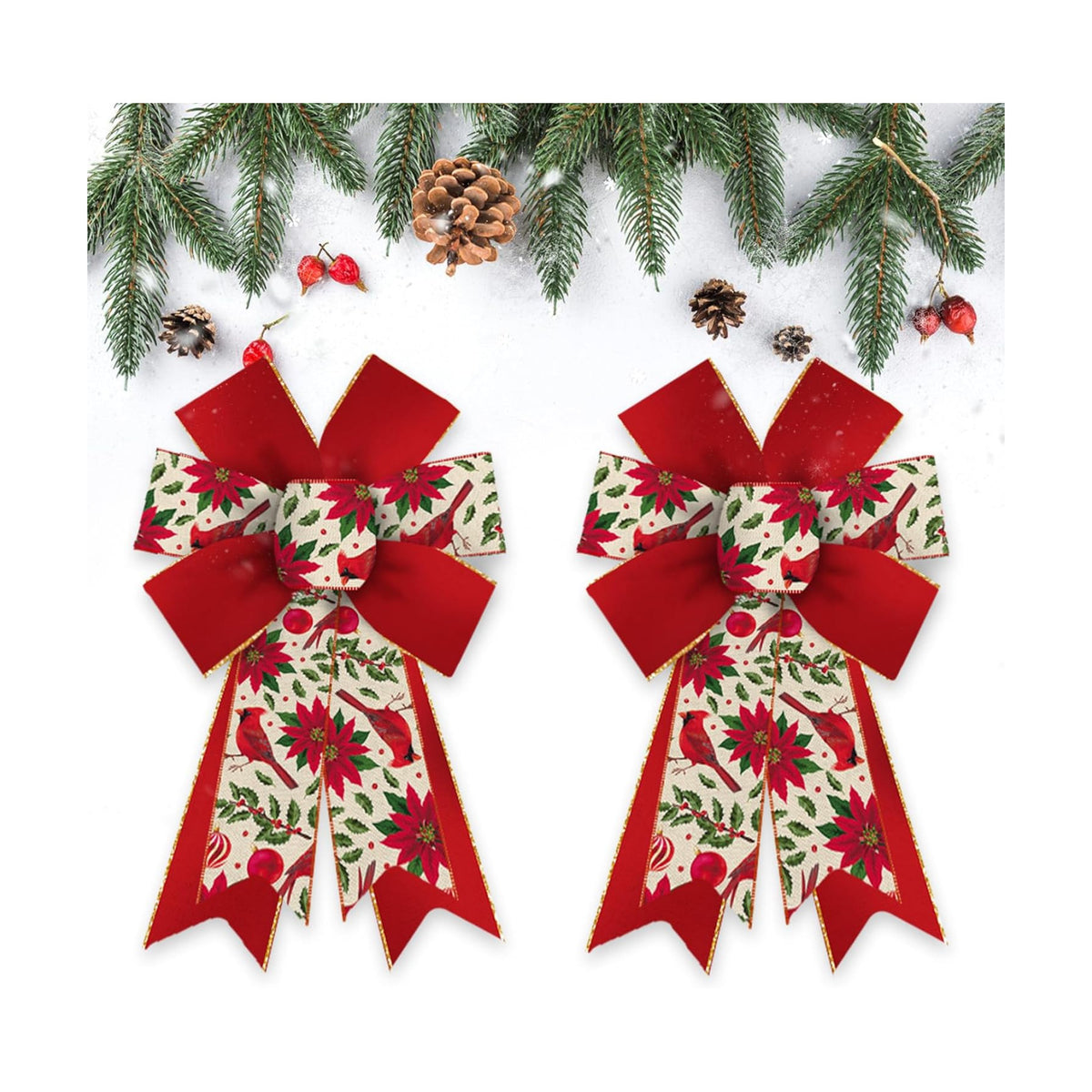 Estivaux 2 Pieces Christmas Bows for Wreath, Merry Christmas Wreath Bows Red Burlap Bows Xmas Craft Bows Ornaments Winter Leaf Flower Tree Bows for Front Door Christmas New Year Decorations