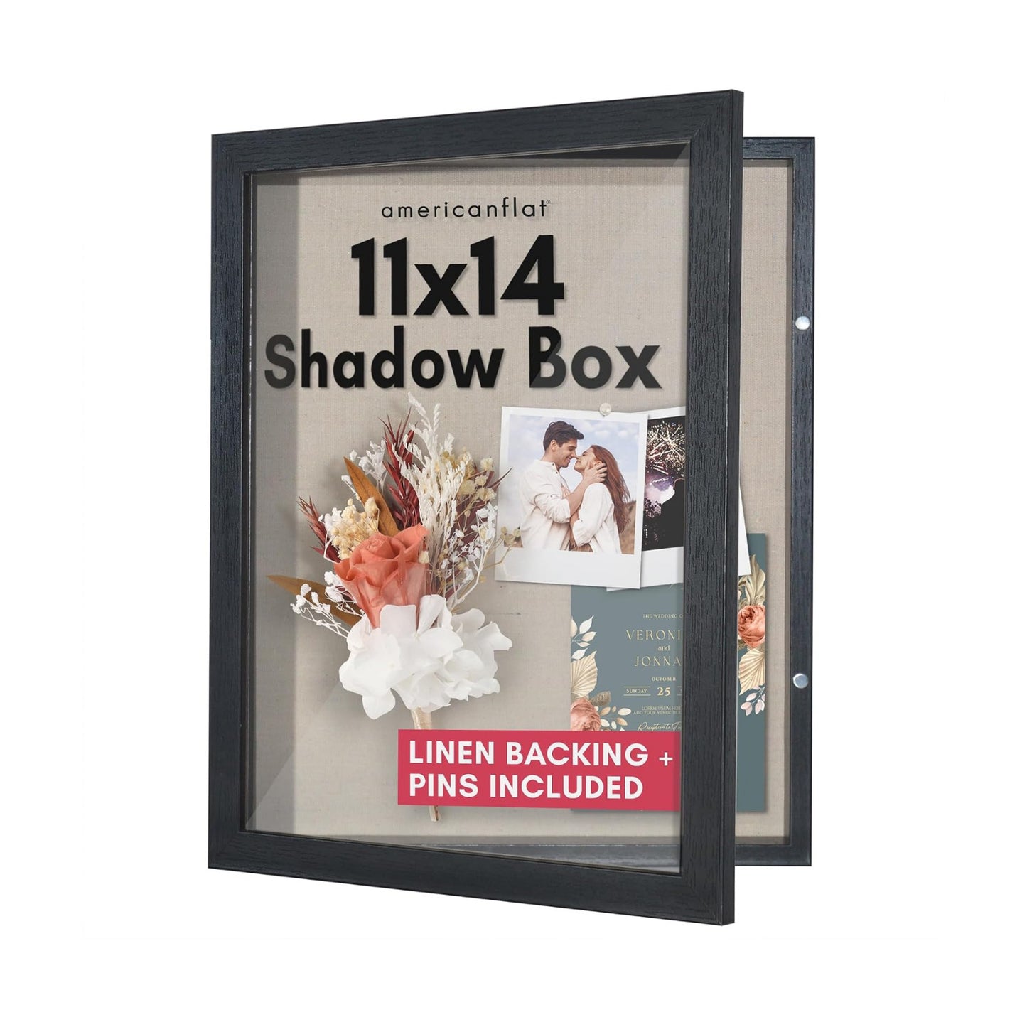 Americanflat 11x14 Shadow Box Frame - Engineered Wood - Black | Shatter-resistant glass, 1.4 inch interior depth, hangs