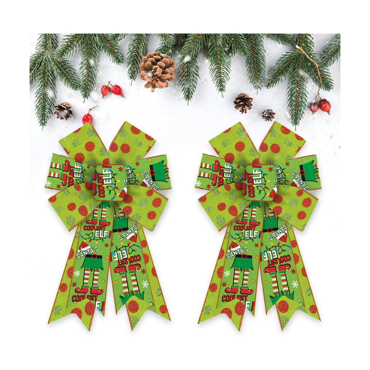 Estivaux 2 Pieces Christmas Bows for Wreath, Merry Christmas Wreath Bows Green Burlap Bows Xmas Gnomes Craft Bows Ornaments Winter Tree Bows for Front Door Christmas New Year Decorations