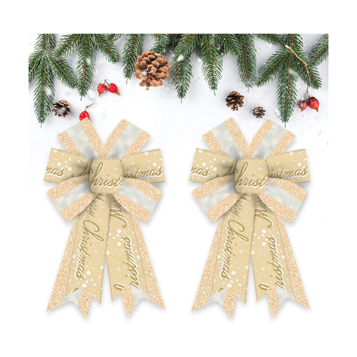 Estivaux 2 Pieces Christmas Bows for Wreath, Merry Christmas Wreath Bows Glitter Golden Burlap Bows Xmas Craft Bows Ornaments Winter Snow Tree Bows for Front Door Christmas New Year Decorations