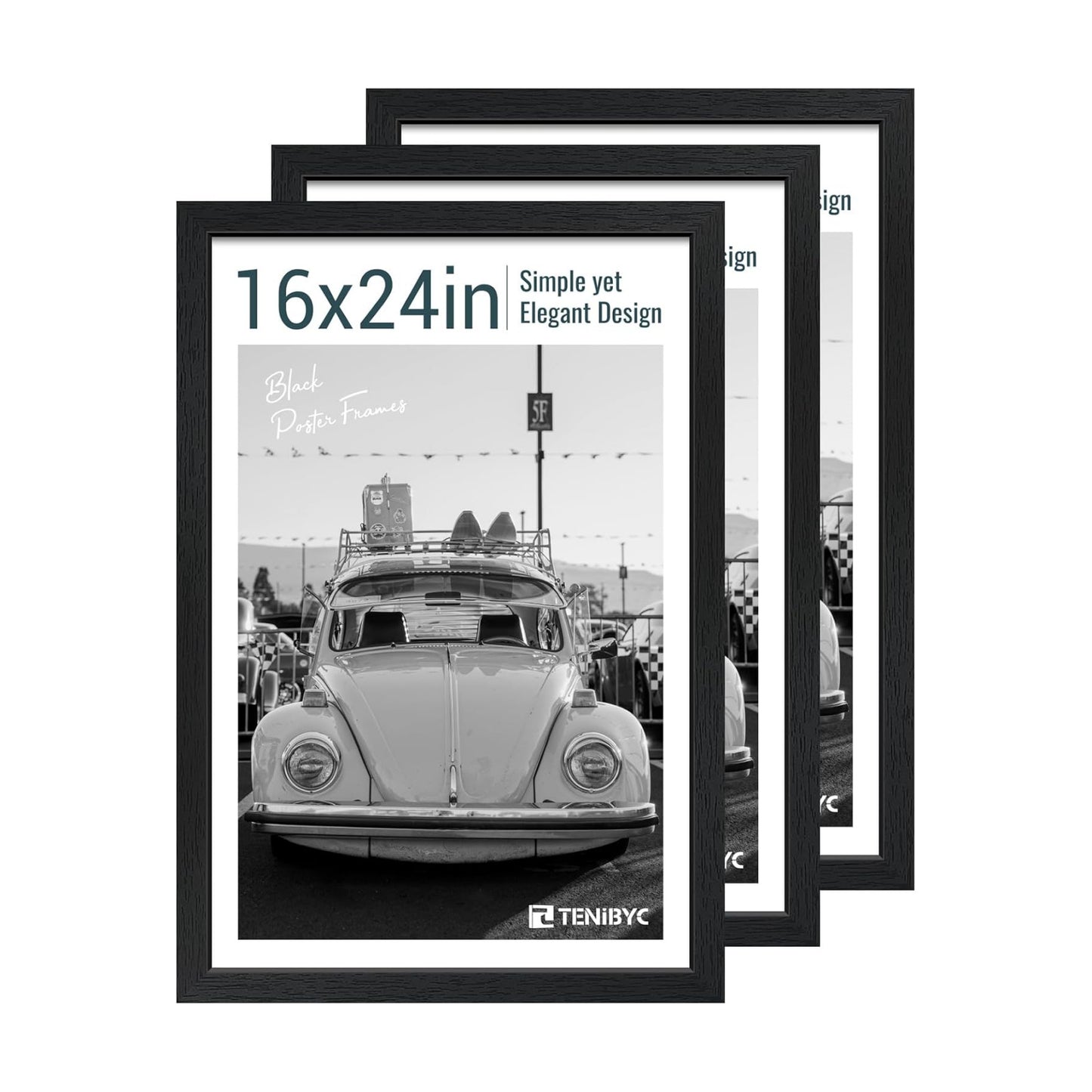 16x24 Picture Frame, Black Wood, 3 Pack, Wall Hanging for Poster | Thick Polished Plexiglass, Travel Poster Frame for