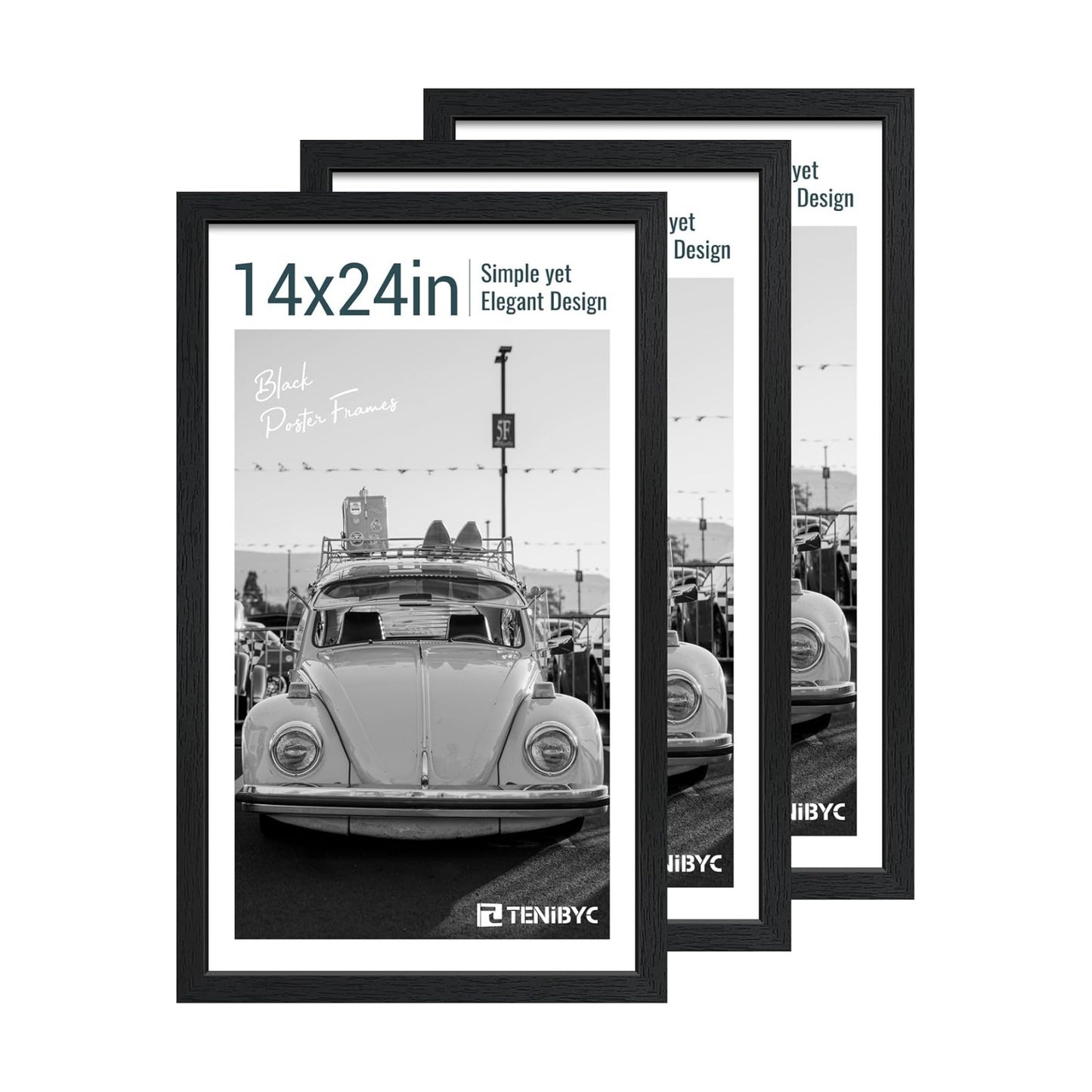 14x24 Picture Frame, Black Wood, 3 Pack, Wall Hanging for Poster | Thick Polished Plexiglass, Panoramic Poster Frame