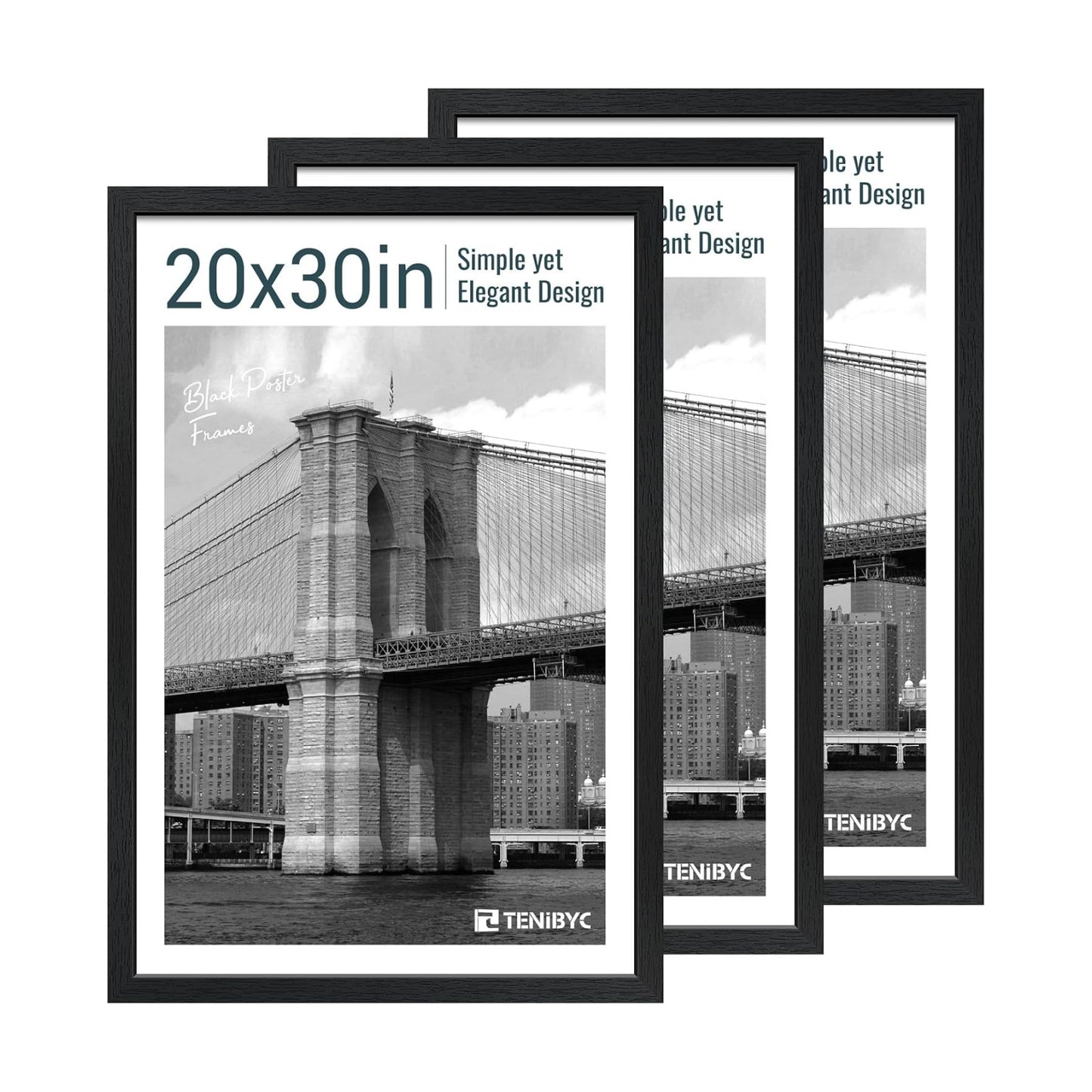 20x30 Poster Frame, Black Wood, 3 Pack, Wall Hanging for Picture | Thick Polished Plexiglass, Large Movie Poster Frame