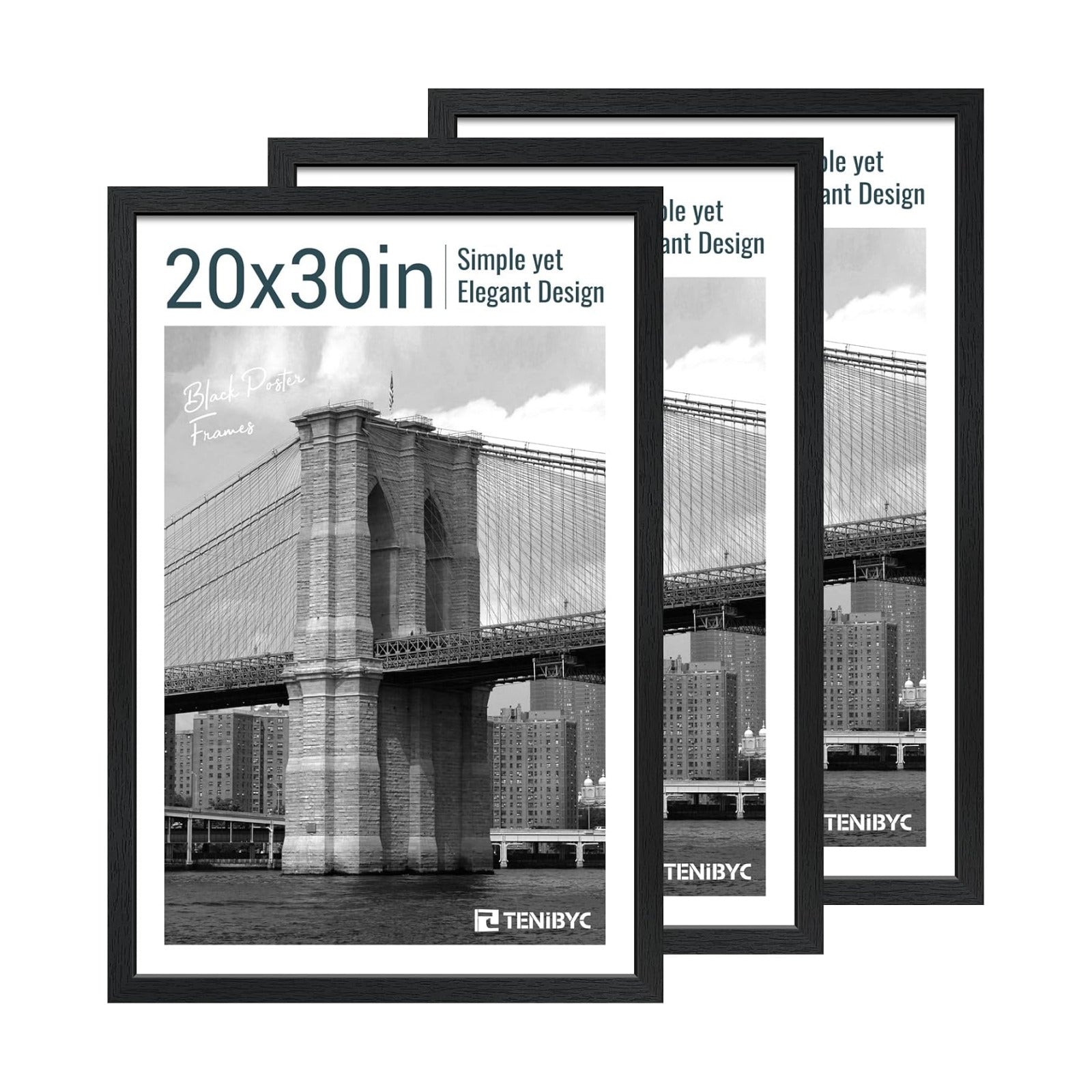20x30 Poster Frame, Black Wood, 3 Pack, Wall Hanging for Picture | Thick Polished Plexiglass, Large Movie Poster Frame