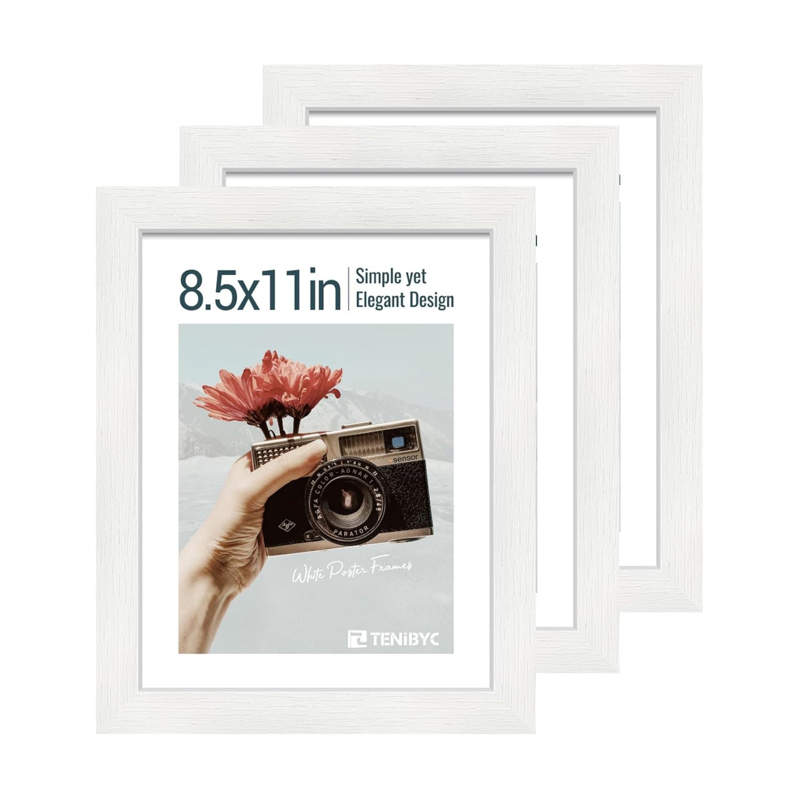 8.5 by 11 picture frame 3 Pack, White Wood, Real Glass, for Photo | Thick HD Tempered Glass, Tabletop or Wall Hanging