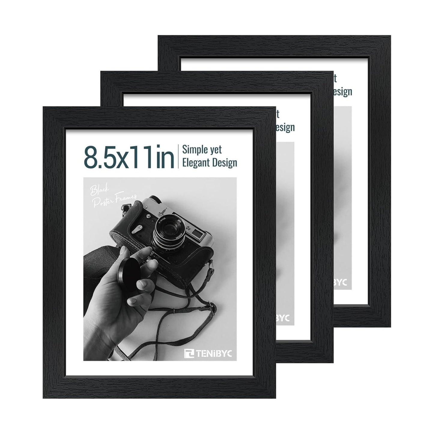 8.5 by 11 picture frame 3 Pack, Black Wood, Real Glass, for Photo | Thick HD Tempered Glass, Tabletop or Wall Hanging