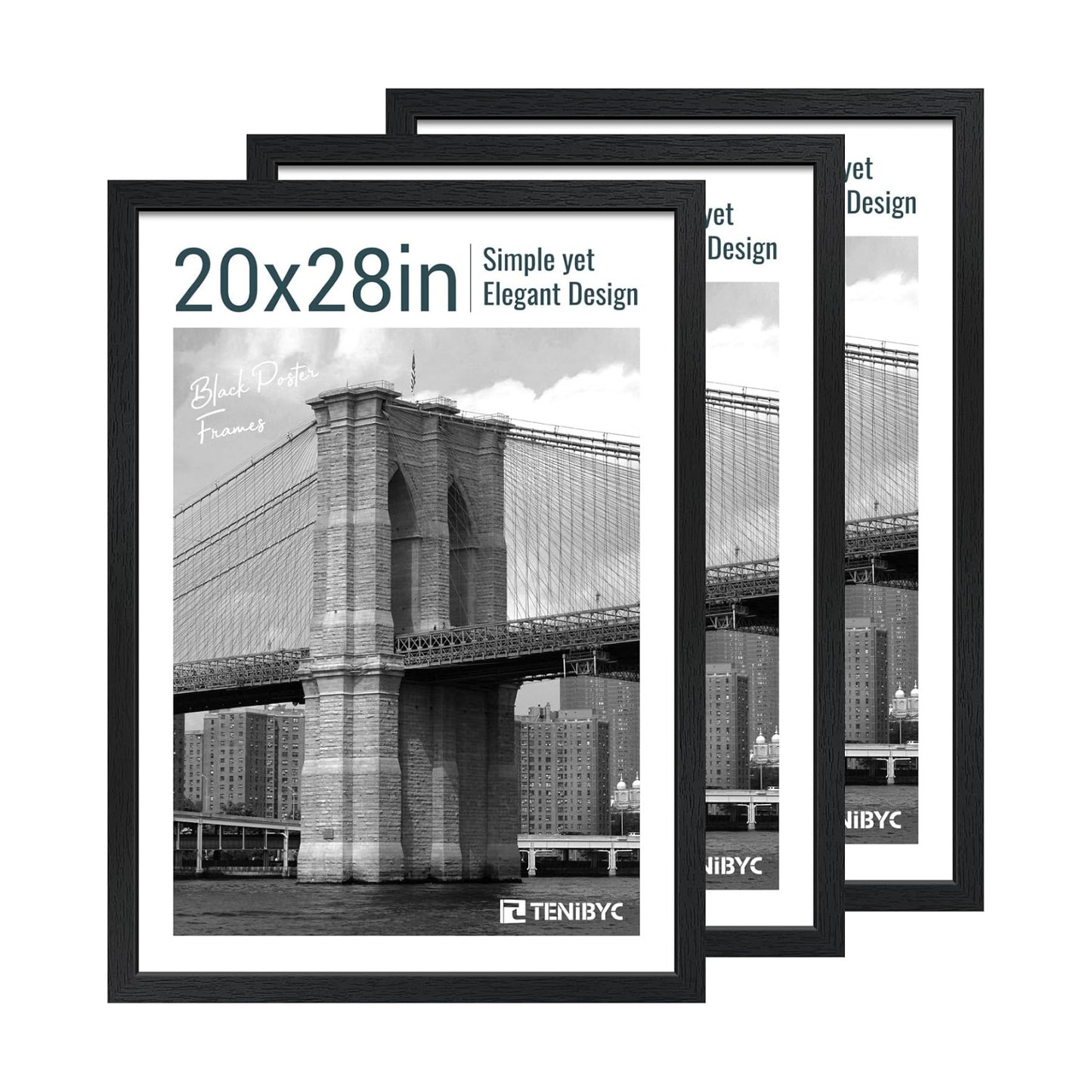 20x28 Picture Frame, Black Wood, 3 Pack, Wall Hanging for Poster | Thick Polished Plexiglass, Large Poster Frame for