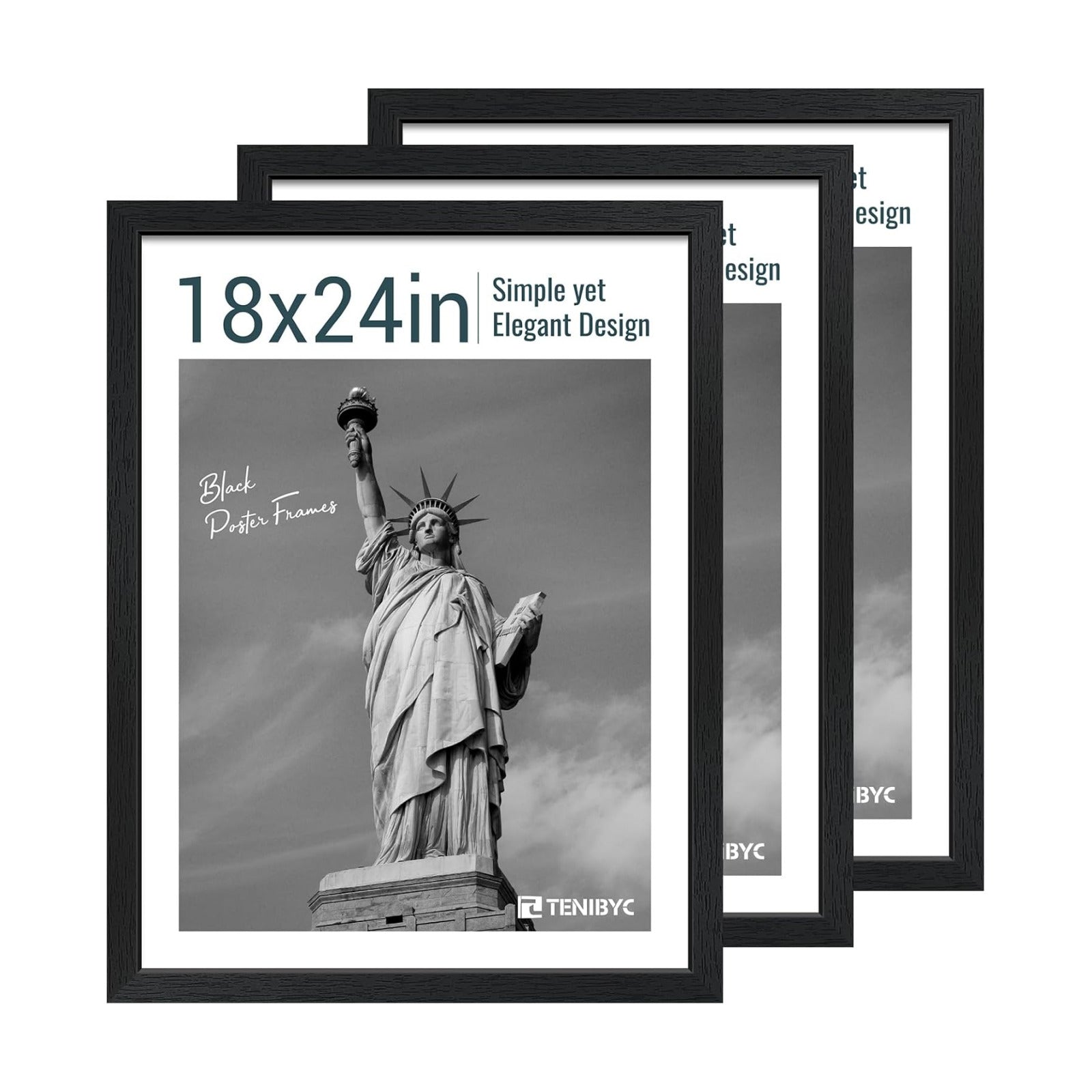 18x24 Poster Frame, Black Wood, 3 Pack, Wall Hanging for Picture | Thick Polished Plexiglass, Large Movie Poster Frame