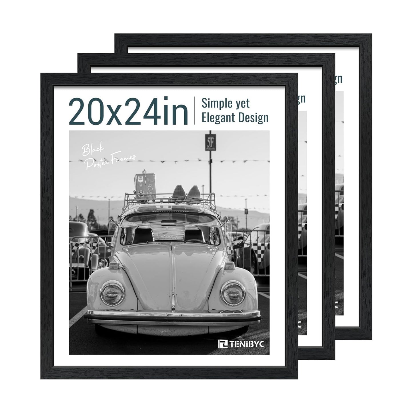 20x24 Picture Frame, Black Wood, 3 Pack, Wall Hanging for Poster | Thick Polished Plexiglass, Large Poster Frame for