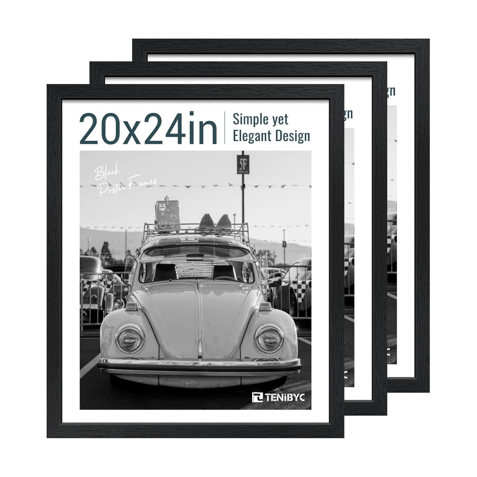 20x24 Picture Frame, Black Wood, 3 Pack, Wall Hanging for Poster | Thick Polished Plexiglass, Large Poster Frame for